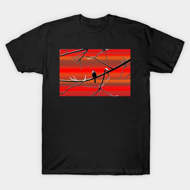 Wren on Branch Silhouette on Sunset Tones T-Shirt by ButterflyInTheAttic
